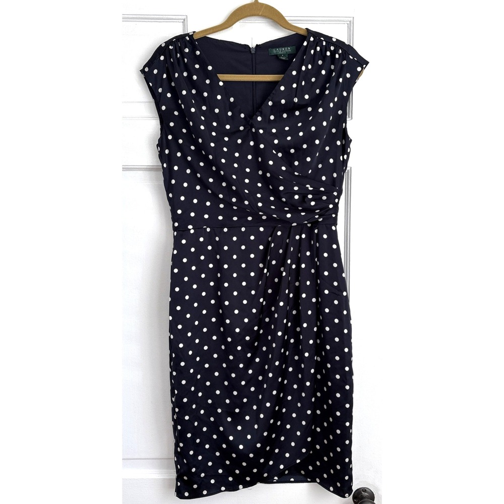 Lauren Ralph Lauren Navy Blue White Polka Dot Faux Wrap Draped Sheath Dress 8